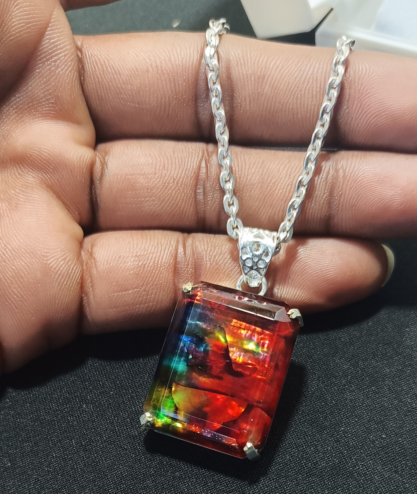 62 Ct Natural Ammolite Doublet Rainbow Pendant With Chain Multi Color Gemstone