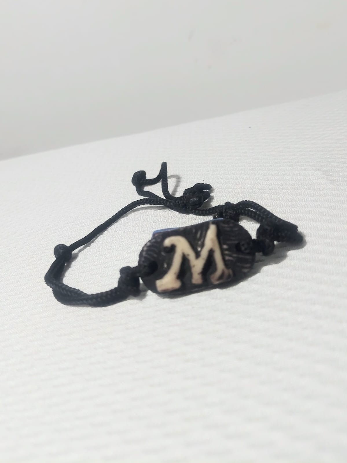 Handmade Black Cord Bracelet Initial Letter M Adjustable Resin Plastic Bead Vint