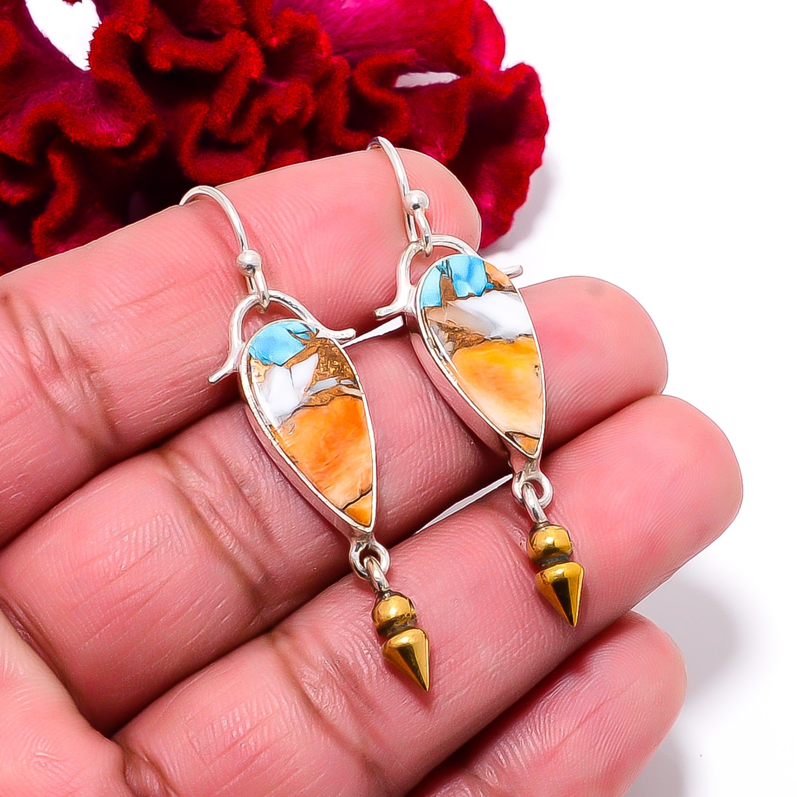 Copper Spiny Oyster Arizona Turquoise 925 Silver Arrow Head Earring 2.03″ E9495