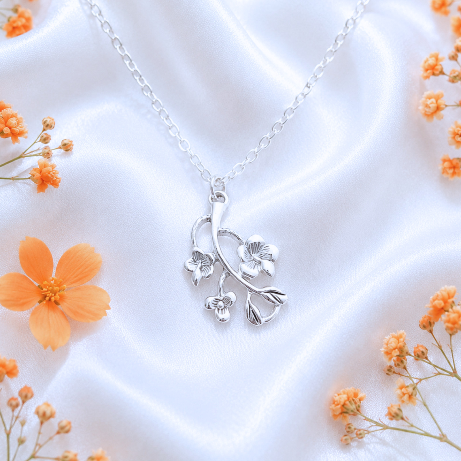 Flower Branch Necklace Floral Pendant Silver Botanical Charm Garden Jewellery
