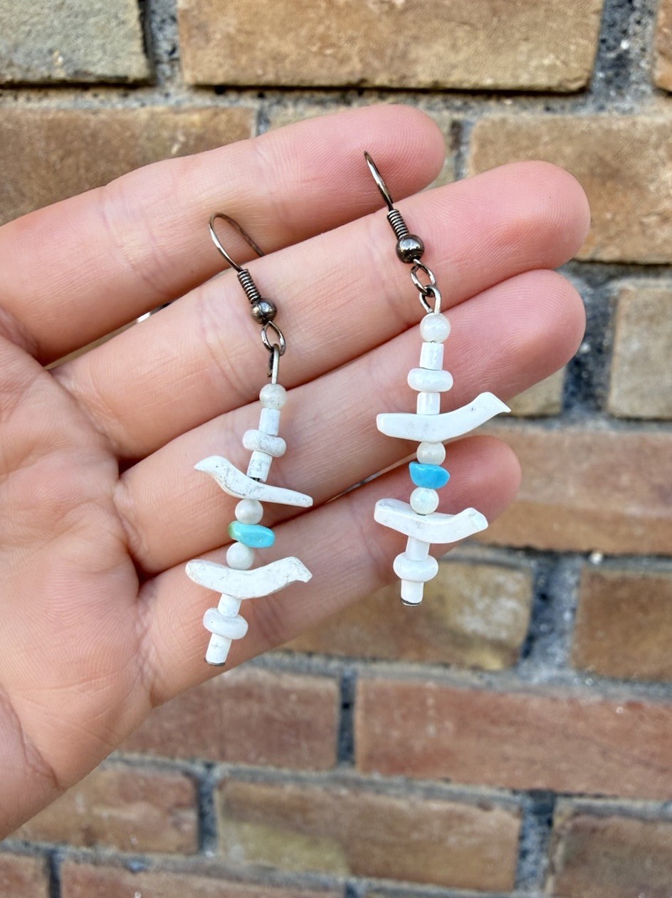 White Bone Beaded Dangle Drop Earrings w/ Blue Green Accents