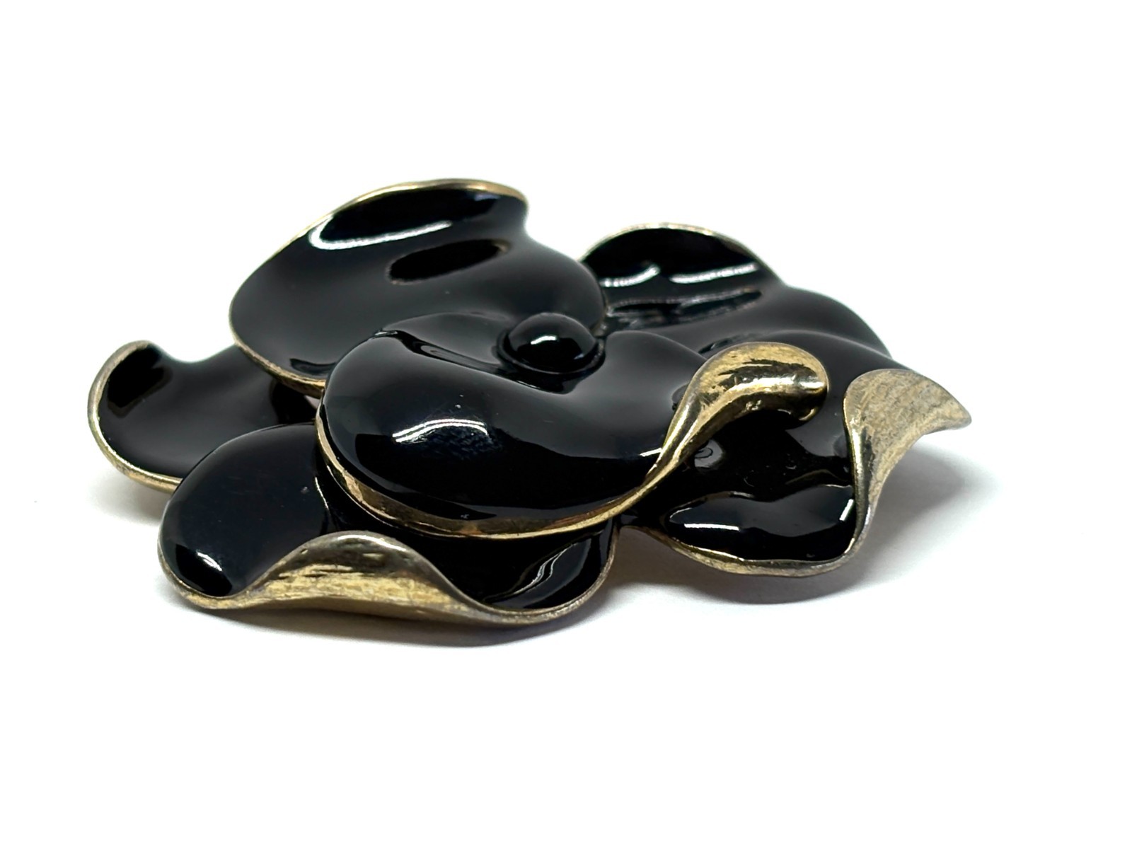 Large Black Enamel Gold Tone Flower Floral Camellia Pendant