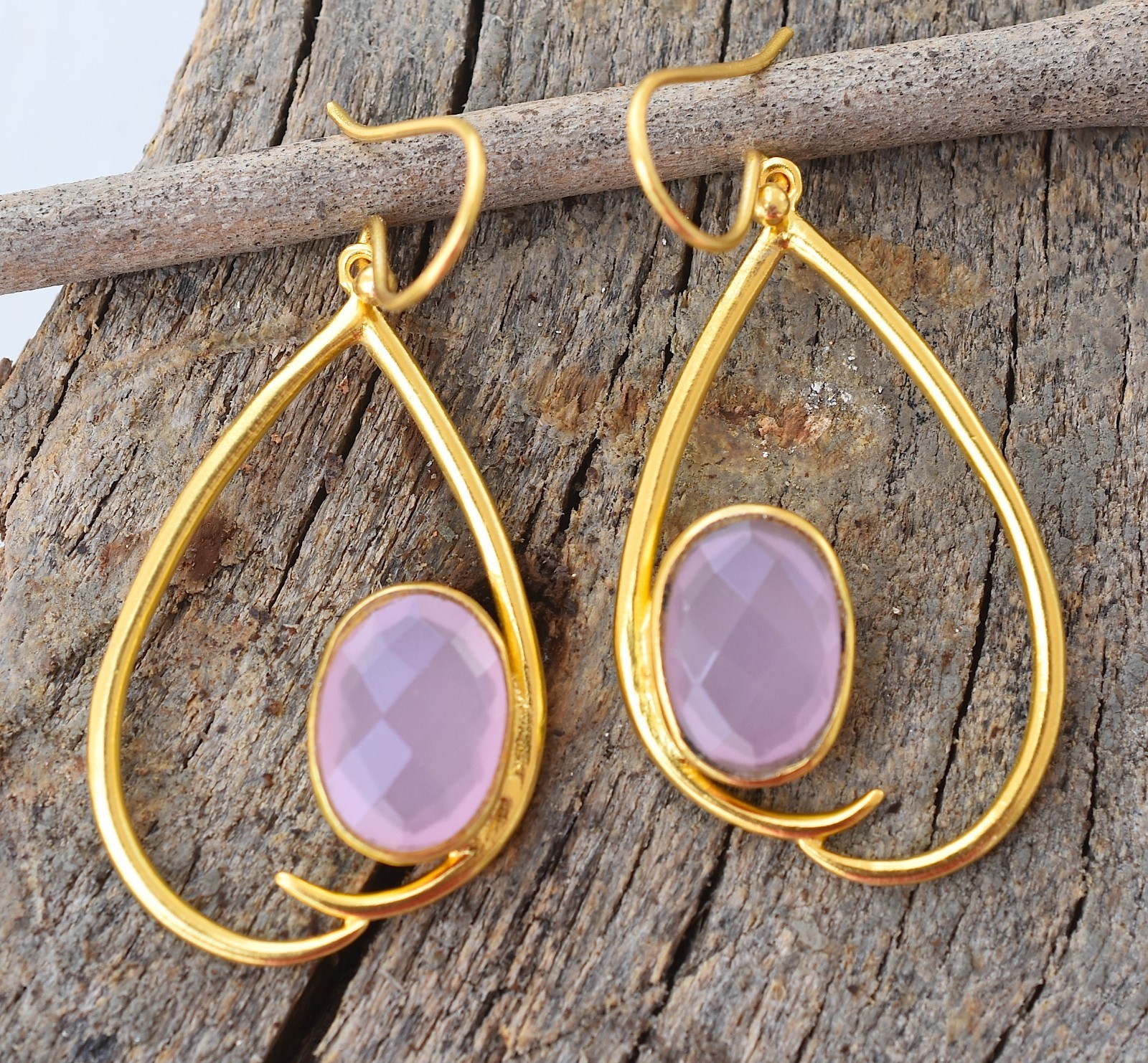 Rose Quartz Gold Plated Earring Handmade Romantic Jewelry Birthday Gifts For Her