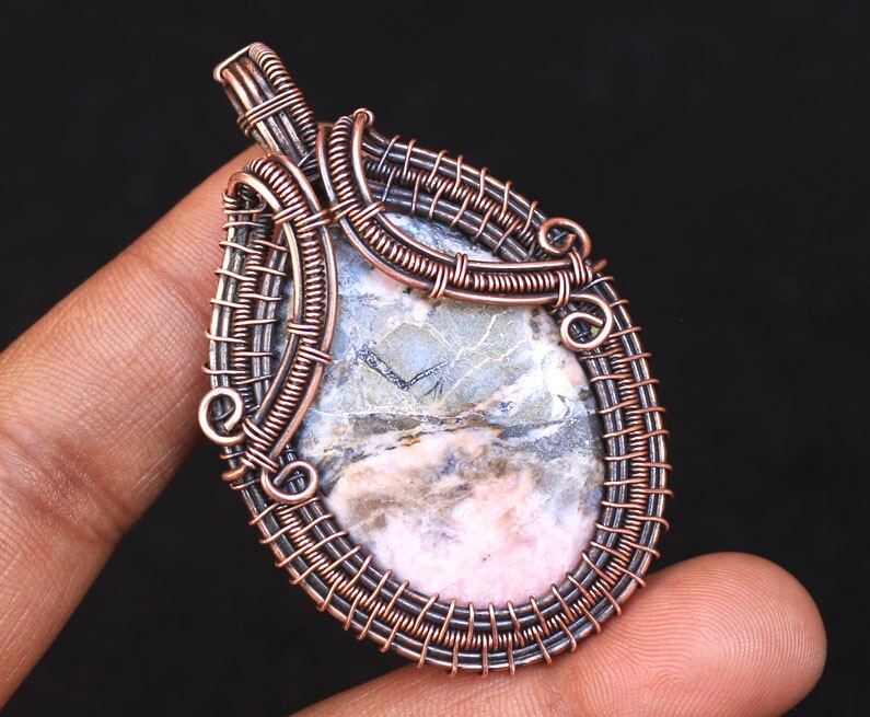 Gift For Bridal Copper Wire Wrap Pendant Rhodochrosite Gemstone Jewelry N427