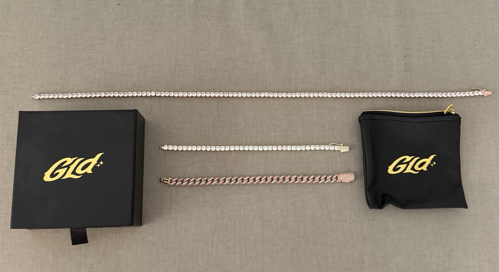 GLD Tennis & Cuban Link Bracelet & Necklace Set 14k Gold Plated 3 Pieces