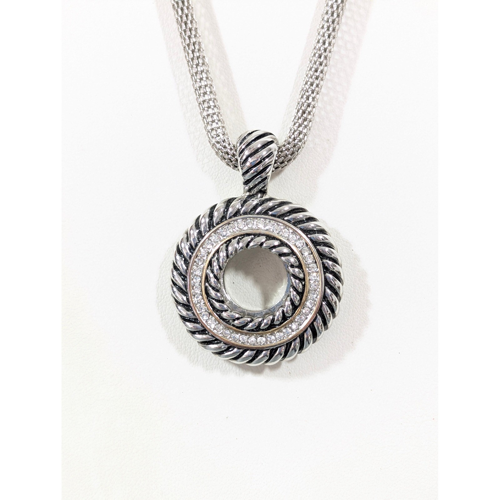 Silver Tone Mesh Chain Necklace Rhinestone Circle Pendant Long 32 In