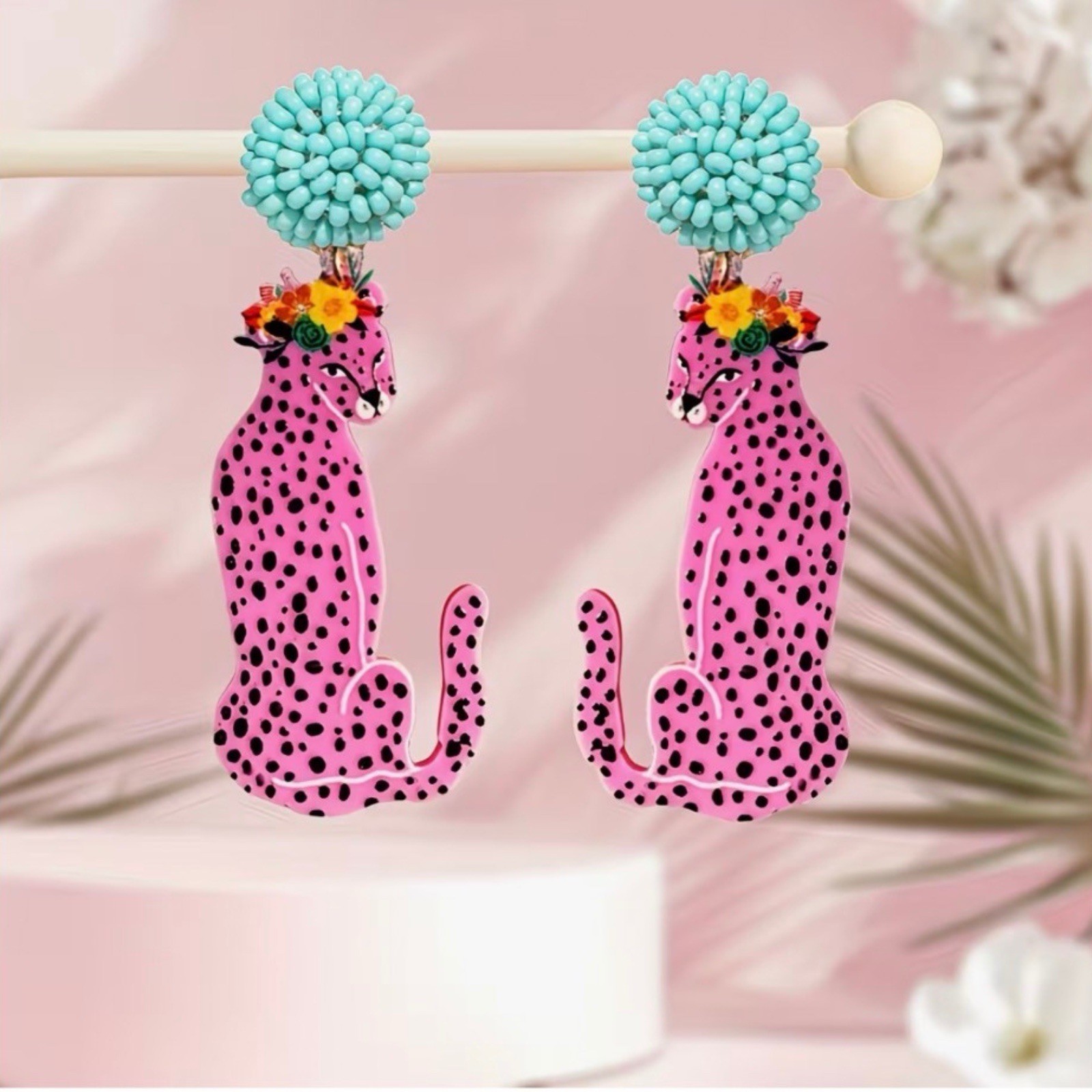 Chic Pink Leopard Earrings With Blue Beaded Stud Acrylic Dangle Big Cat E26