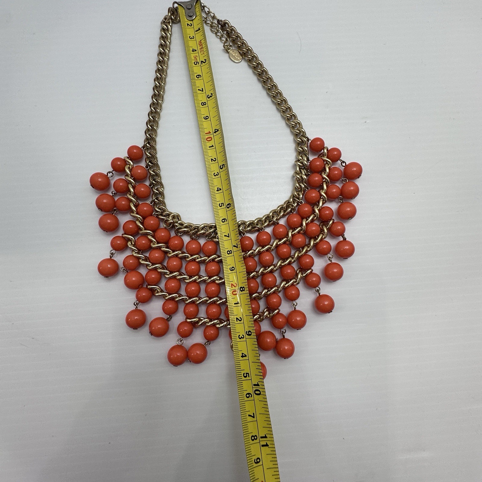 LUCIA Signed Orange Beaded Statement Necklace Gold Tone Bib Fringe Chunky Bold