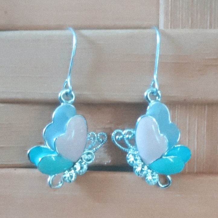 Silver Tone Metal Butterfly Dangle/Drop Hook Earrings Pink Blue Enamel Crystal