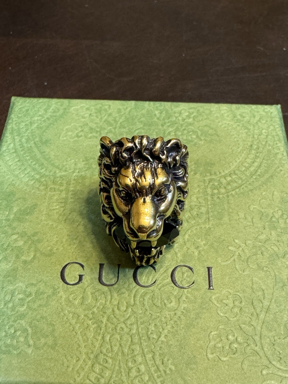 New Authentic Gucci Lion Head Ring Black Stone Size IT 13 / US 6.5