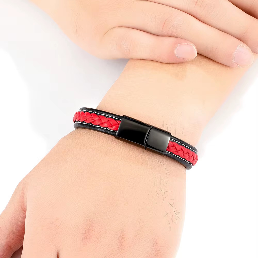 Black & Red Braided Rope Leather Bracelet Men Stainless Steel Charm Jewelry Bang