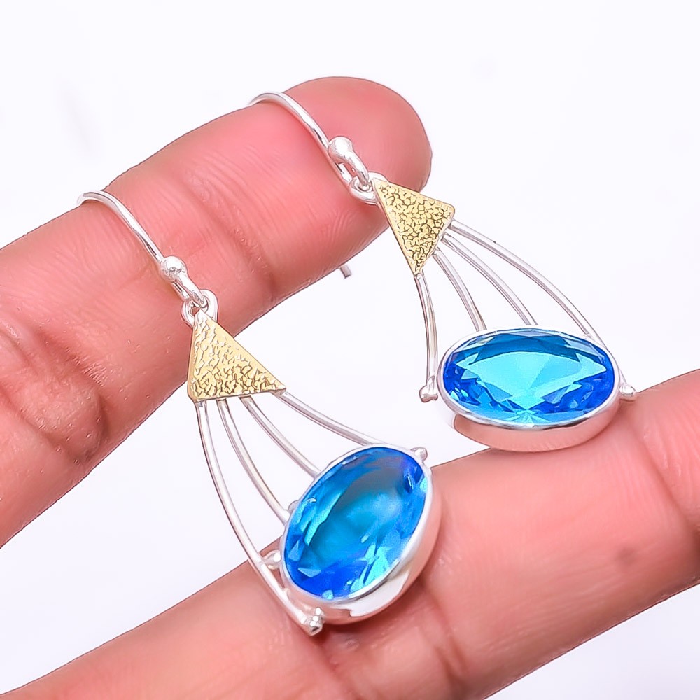 London Blue Topaz 925 Sterling Silver Two Tone Earring 1.95″ E_9466_260_52