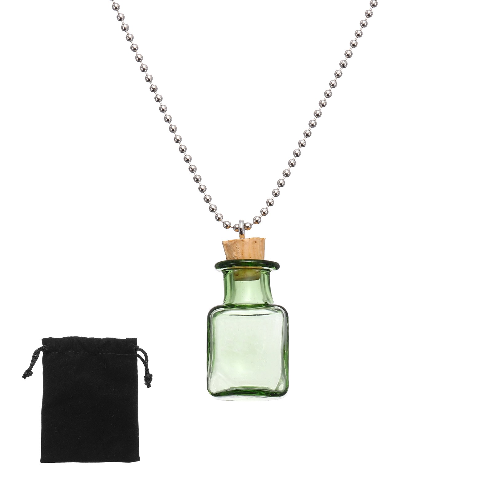 24mm Vial Necklace with Cork Stoppers Black Velvet Bag, Cube Shaped, Green