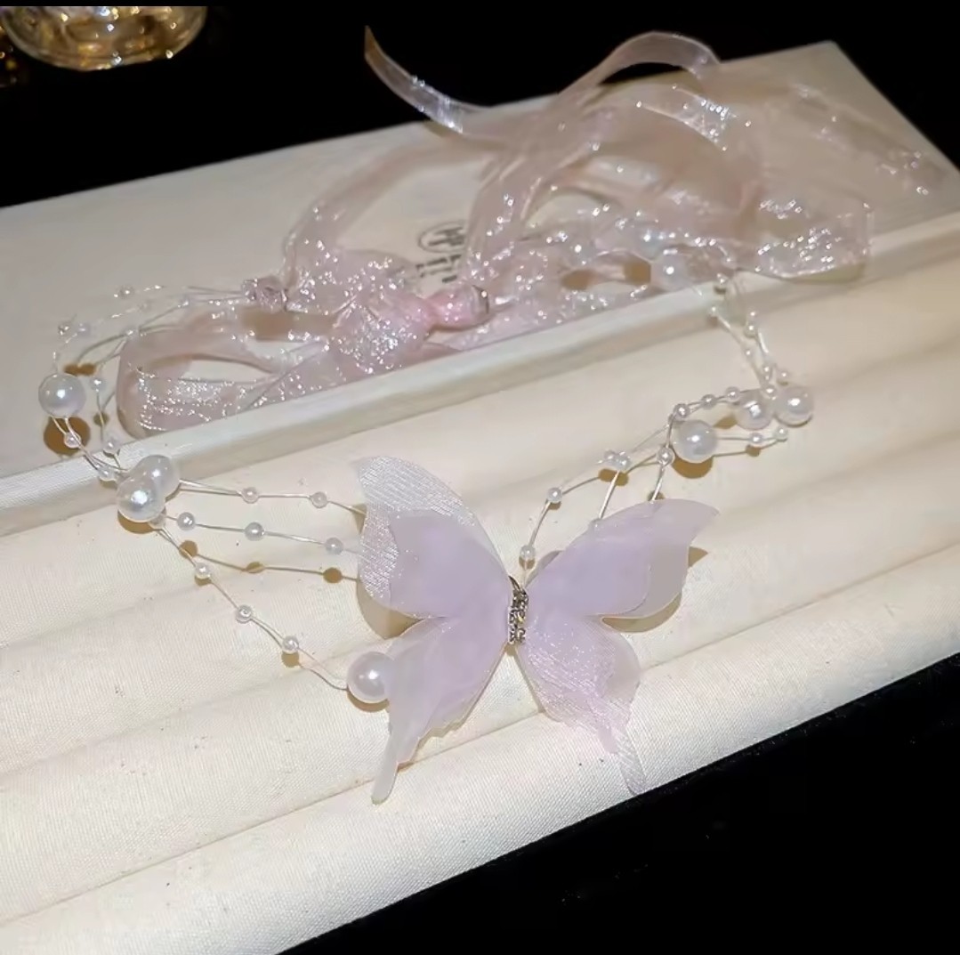 Pink Butterfly Charm Pendant Beaded Ribbon Necklace Clear Crystal Pearl