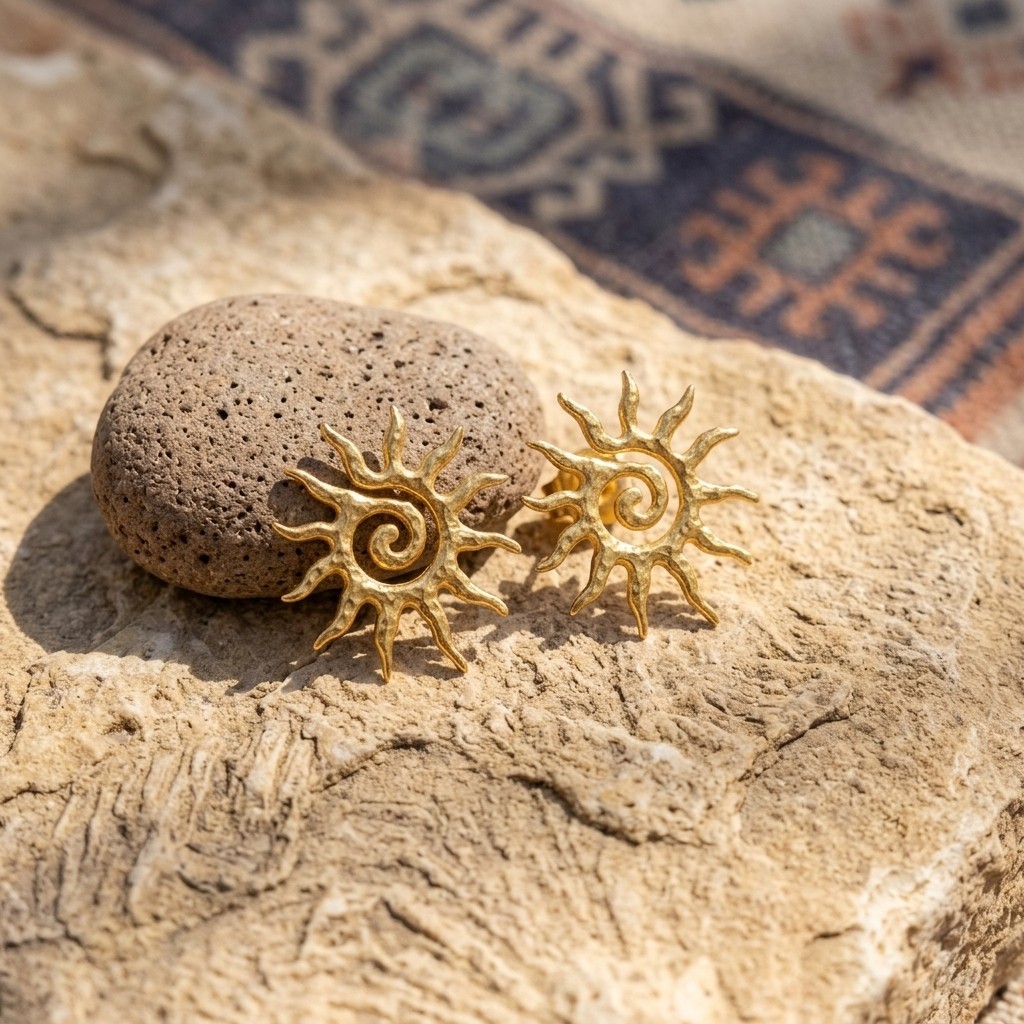 Elegant Gold Tone Sunburst Spiral Stud Earrings Boho Pierced Jewelry
