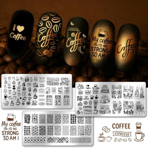 3pcs Theme Nail Stamping Plates Bakery Dessert Nail Art Stencils Beans Coffee