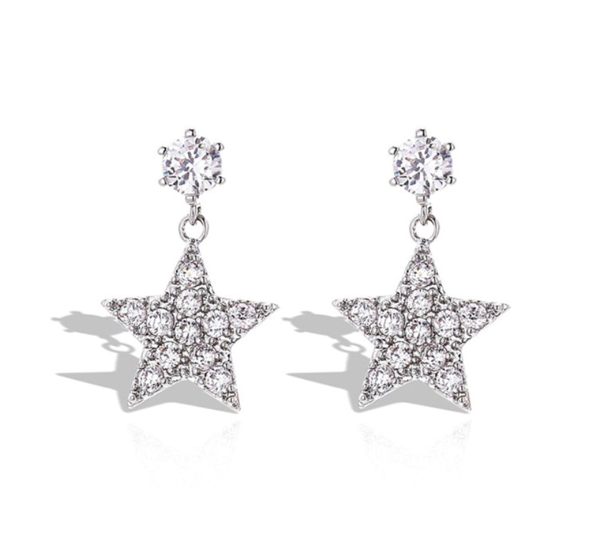 S925 Sterling Silver Pave Cubic Zirconia Star Drop Earrings