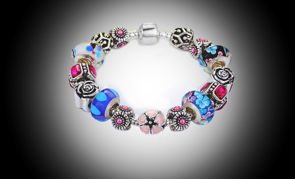 18K White Gold Plated Flower Crystal CZ Charm Bracelet Made with Swarovski