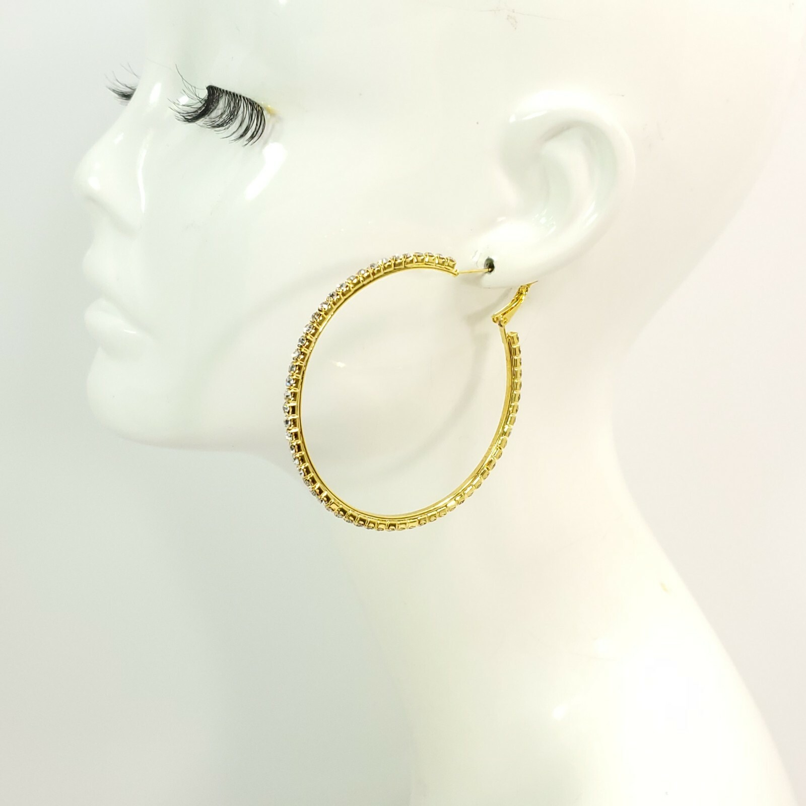 E0300 Bling Gold Tone Base Clear Rhinestones Circle Round 2.5″ Hoop Earrings