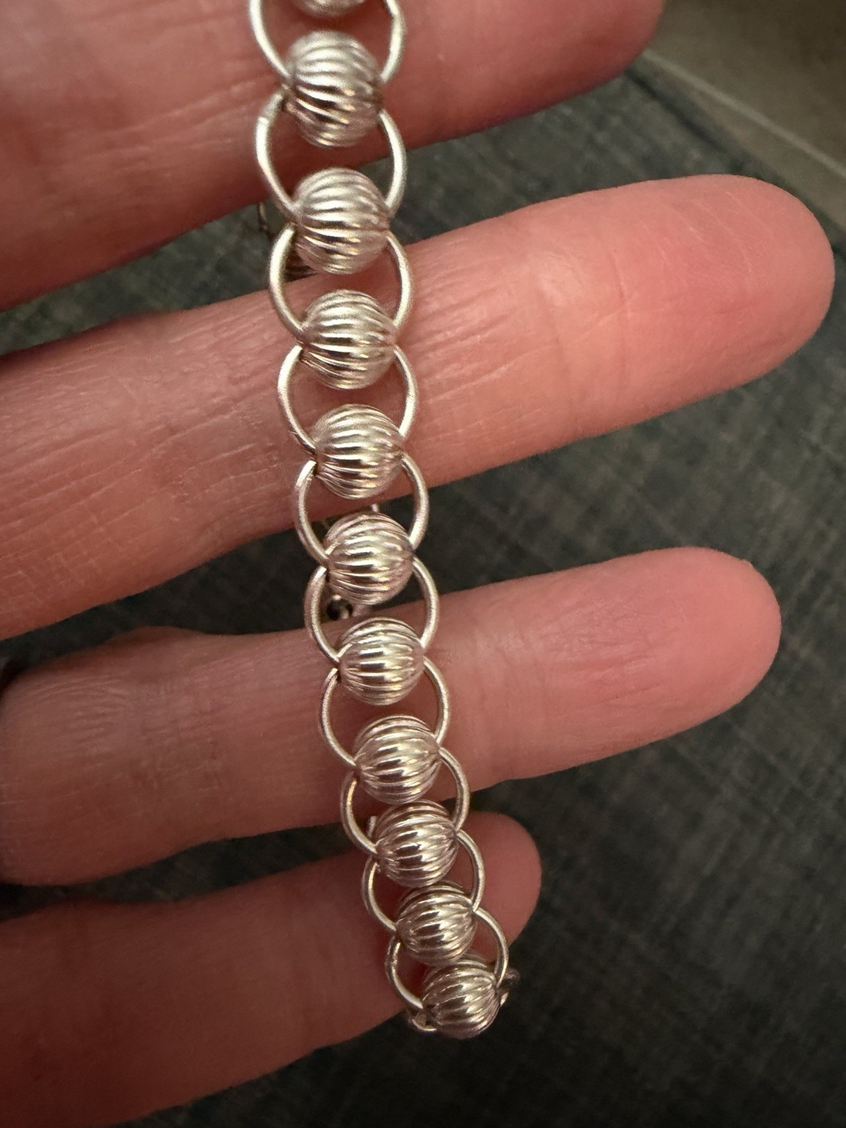 Sterling Silver 925 Ridged Ball Bead Link Bracelet 6.5 Inches Lobster Claw