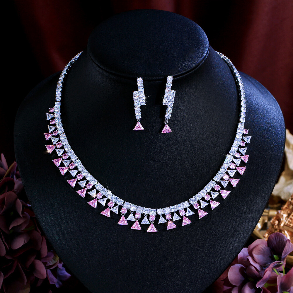 Chic Silver Plated CZ Pink Triangles Square Tennis Necklace Earrings Jewelry Set