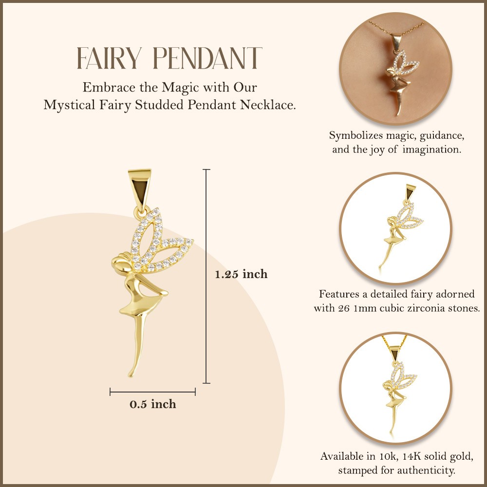 Gold Mystical Fairy CZ Studded Pendant Necklace (Available in Yellow/Rose/White)
