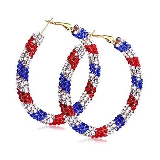 Crystal Hoop Earrings Bohemian Sparkle Resin Red White and Blue Earrings