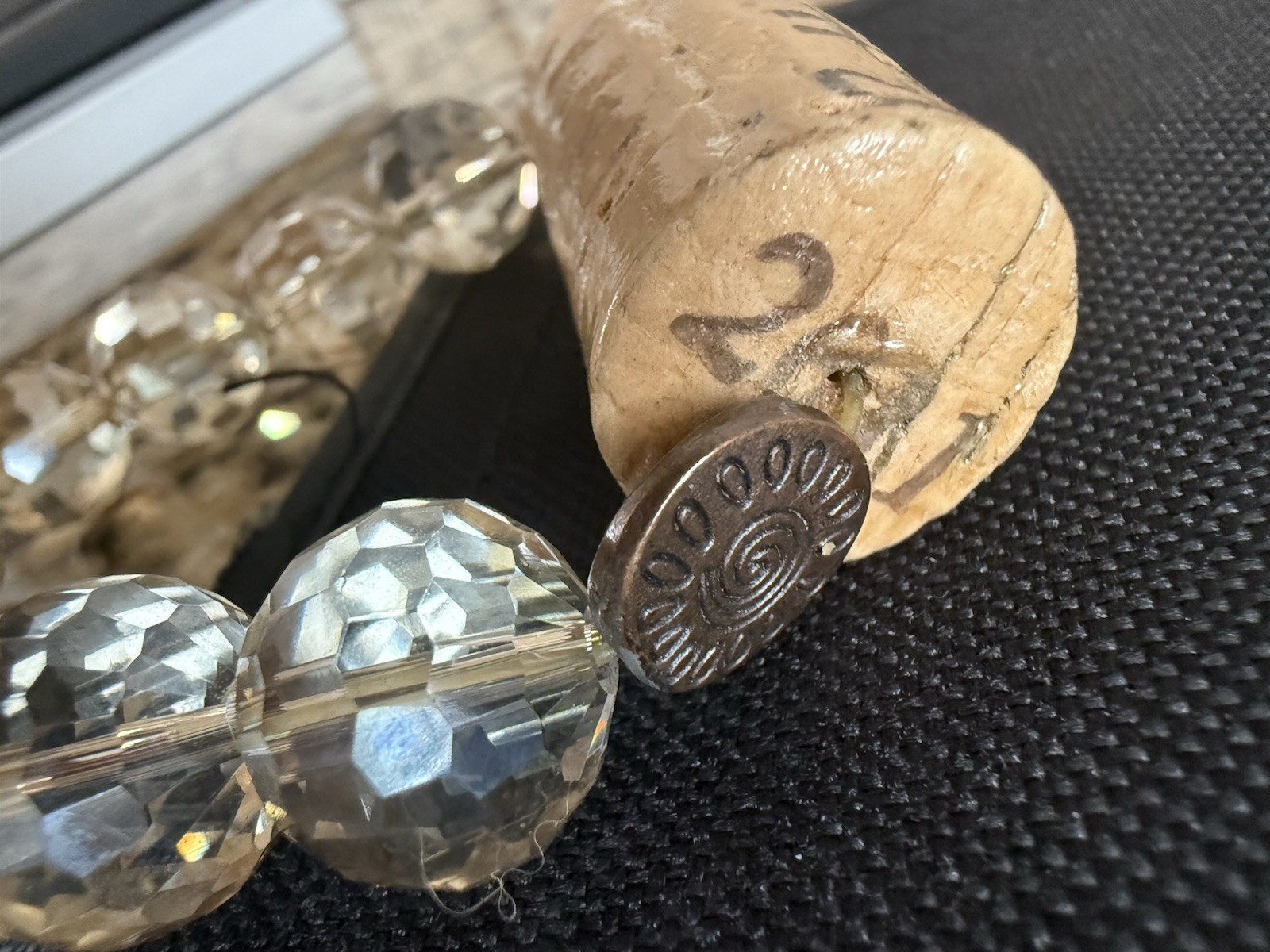 Vintage Wine Cork Clear Crystal Beaded Bracelet Rare Handmade