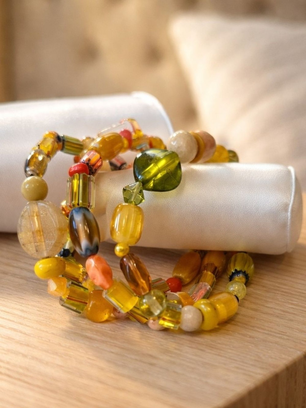 Handmade Yellow And Green Glass Bead Bracelet 3 Piece Stack – Women Jewelry
