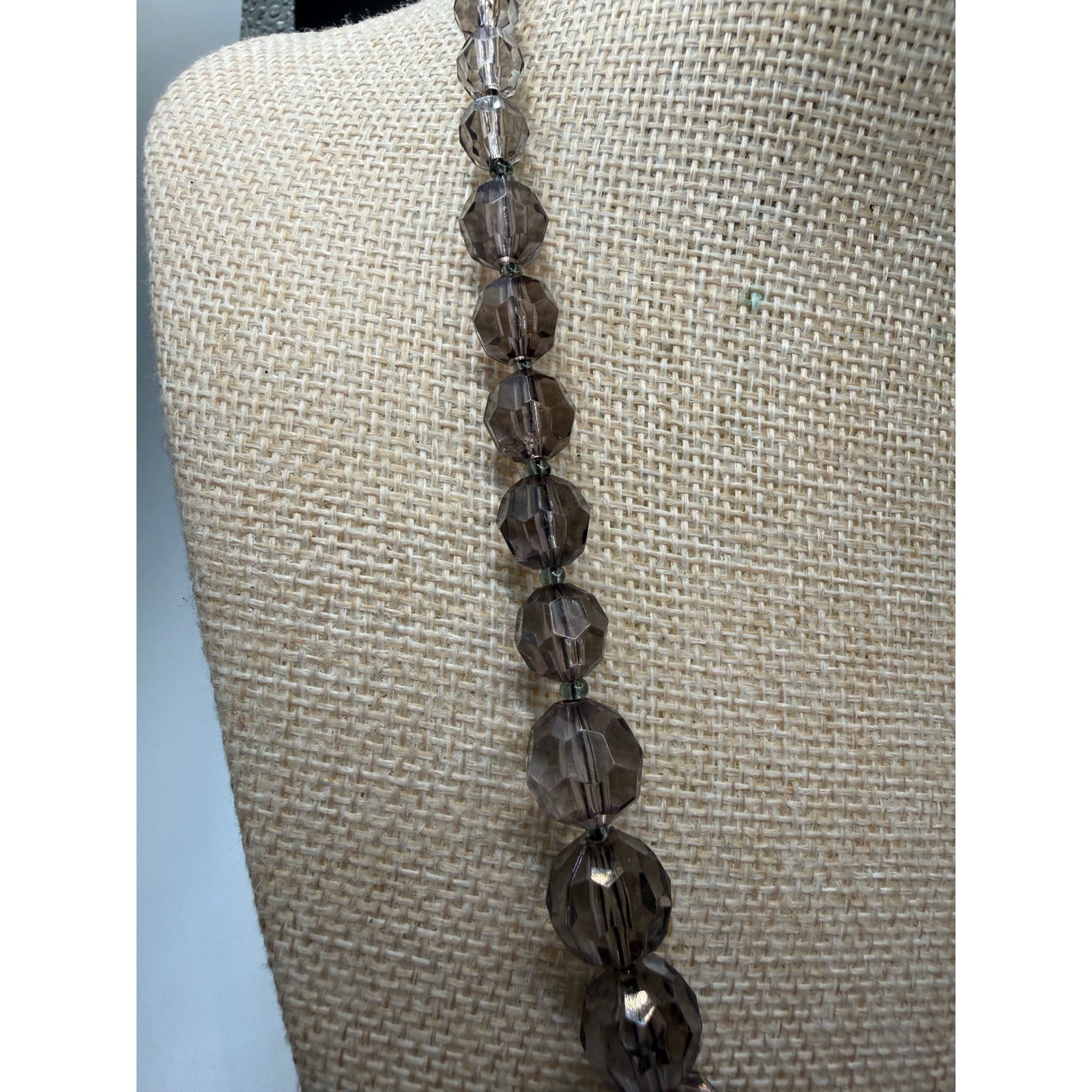 Smoky Grey Faceted Graduated Bead Necklace Silver Tone Adjustable 18-20.5 Inch