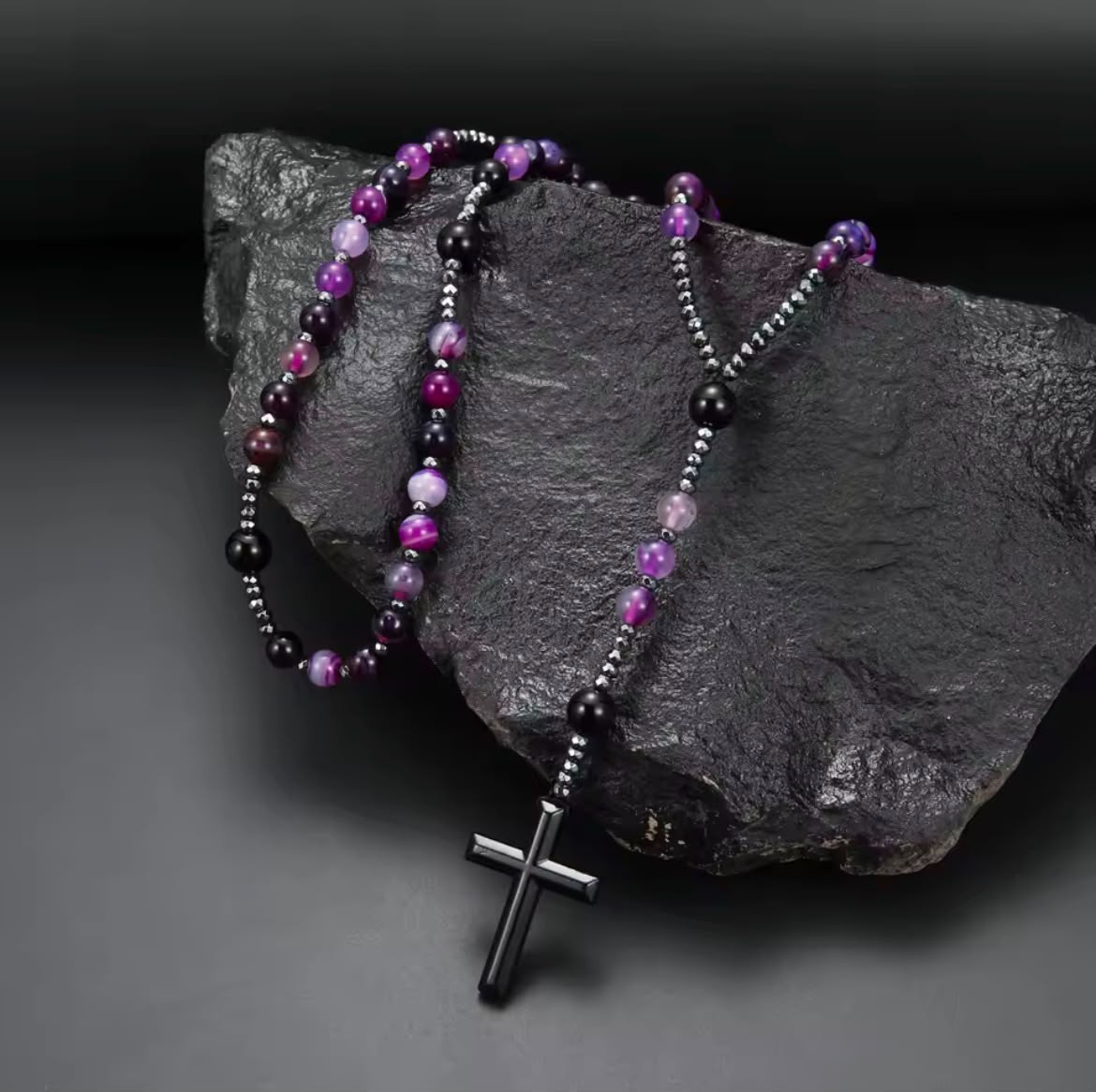 Purple Green Beaded Cross Pendant Rosary Necklace Spiritual Gift Man And Woman