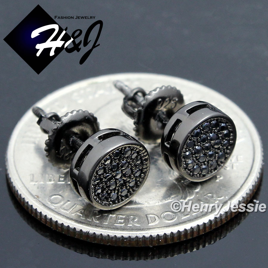 925 STERLING SILVER ICY BLING CZ BLACK PLATED 6MM ROUND 3D STUD EARRING*EB108