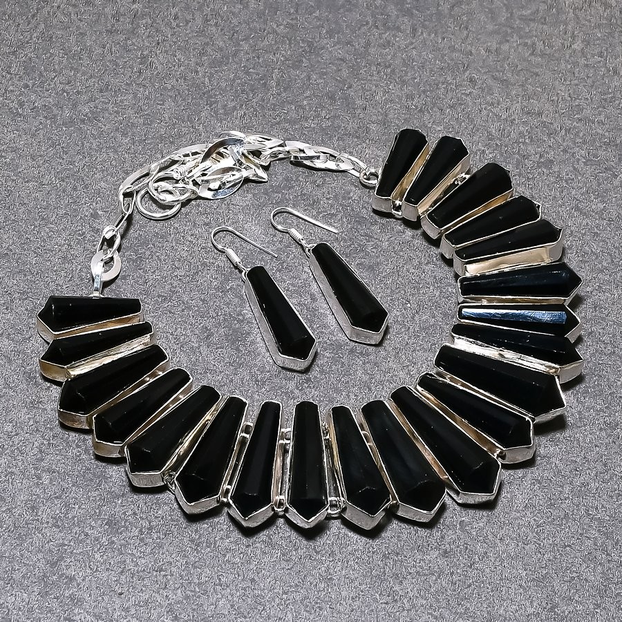 Faceted Black Spinel Pencil Shape Gemstone Fashion Handmade Necklace+Earrings