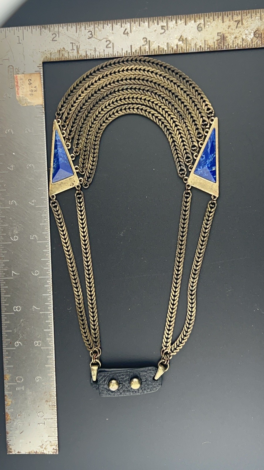 Jenny Bird Multi Strand Brass Chain Statement Bib Necklace Blue Lapis Triangles