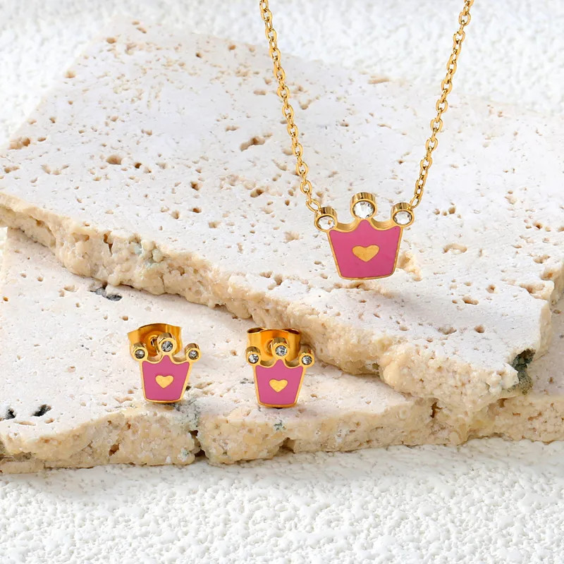 Pink Crown Necklace Earrings Set, 304 Stainless Steel, Kids/Women