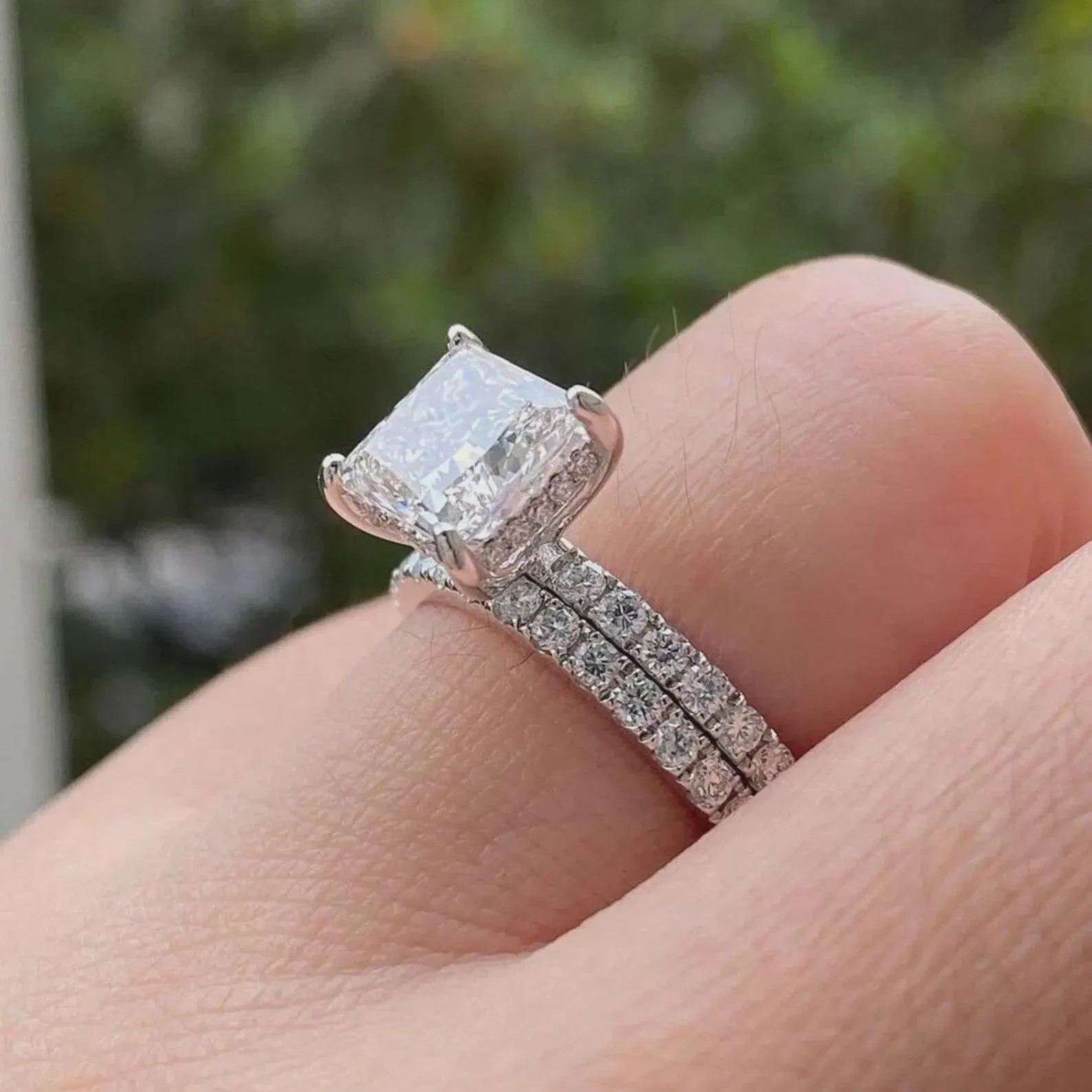3CT Princess Cut Moissanite Engagement Ring Sets, Bridal Half Eternity Ring Sets