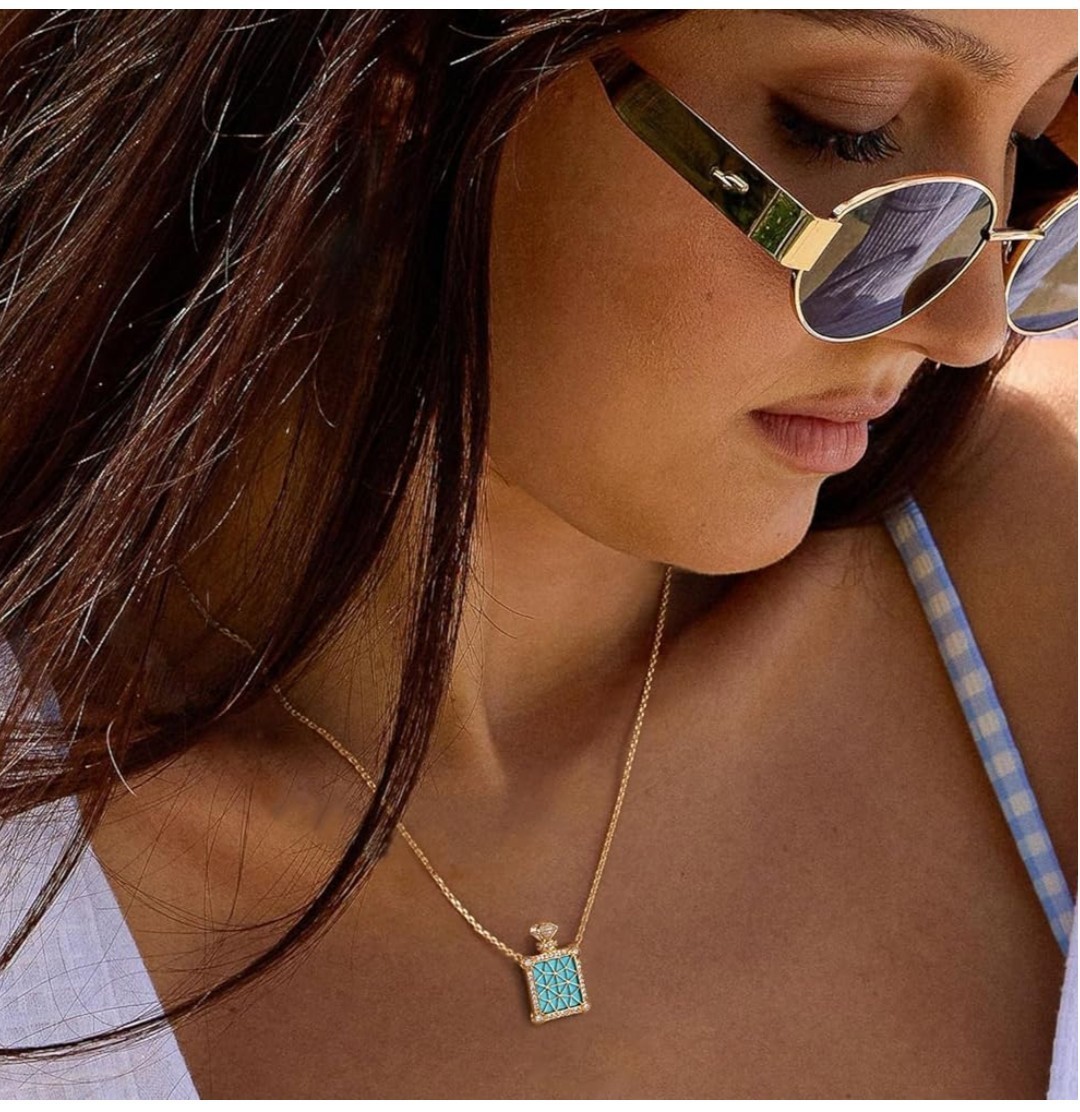 Yellow Gold Plated Cable Chain Necklace Square Blue Turquoise Pendant CZ