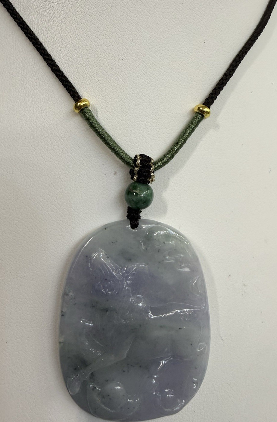 Grade A Natural Jade Oval Carved Pendant purple and green cow , Brown Cord