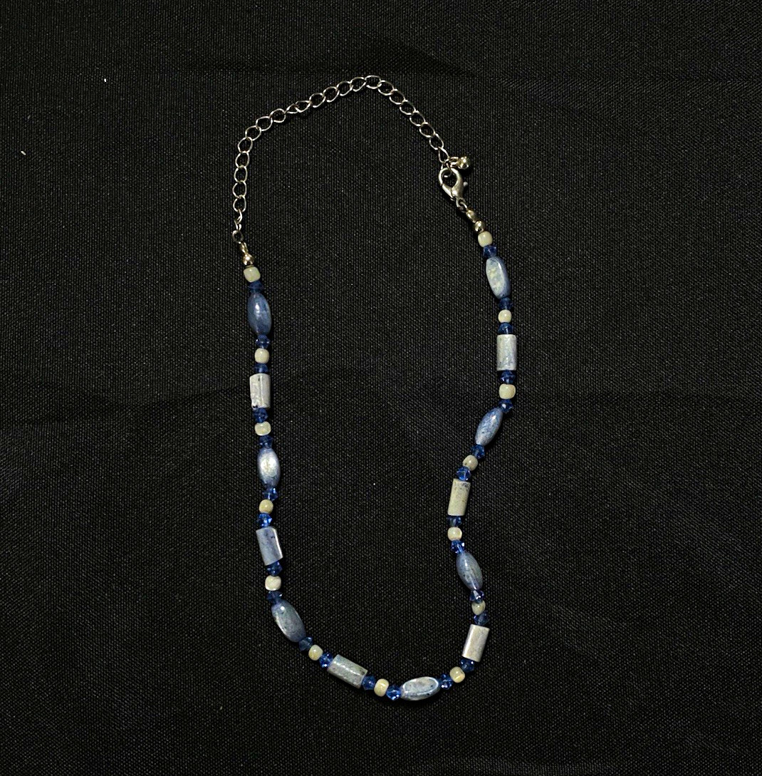 Blue Oval Beaded Necklace, Silver Tone Cable Chain, Lobster Clasp, Adjustable