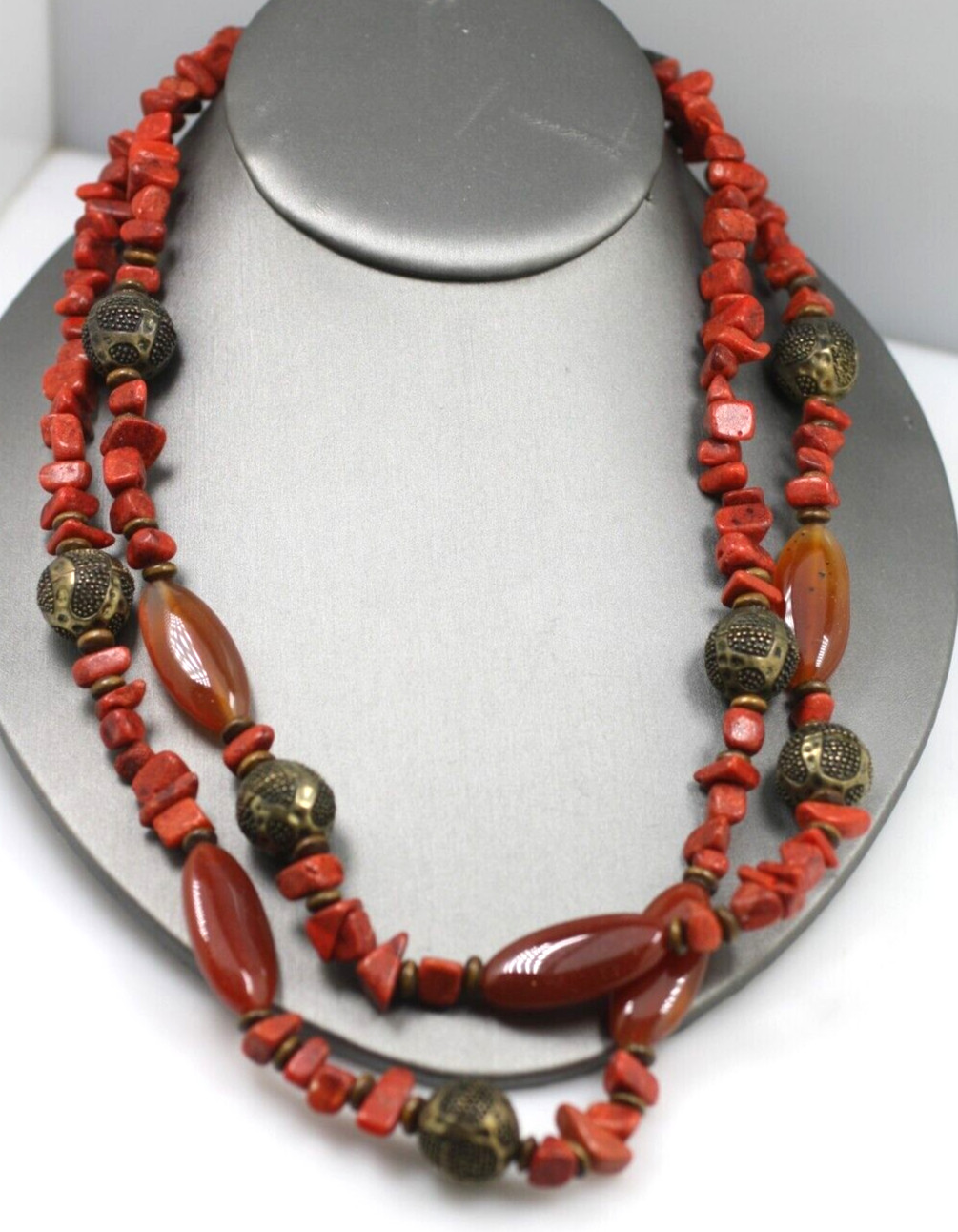 Cold water creek bamboo coral red brass toned beaded 2 strand necklace 18-20″