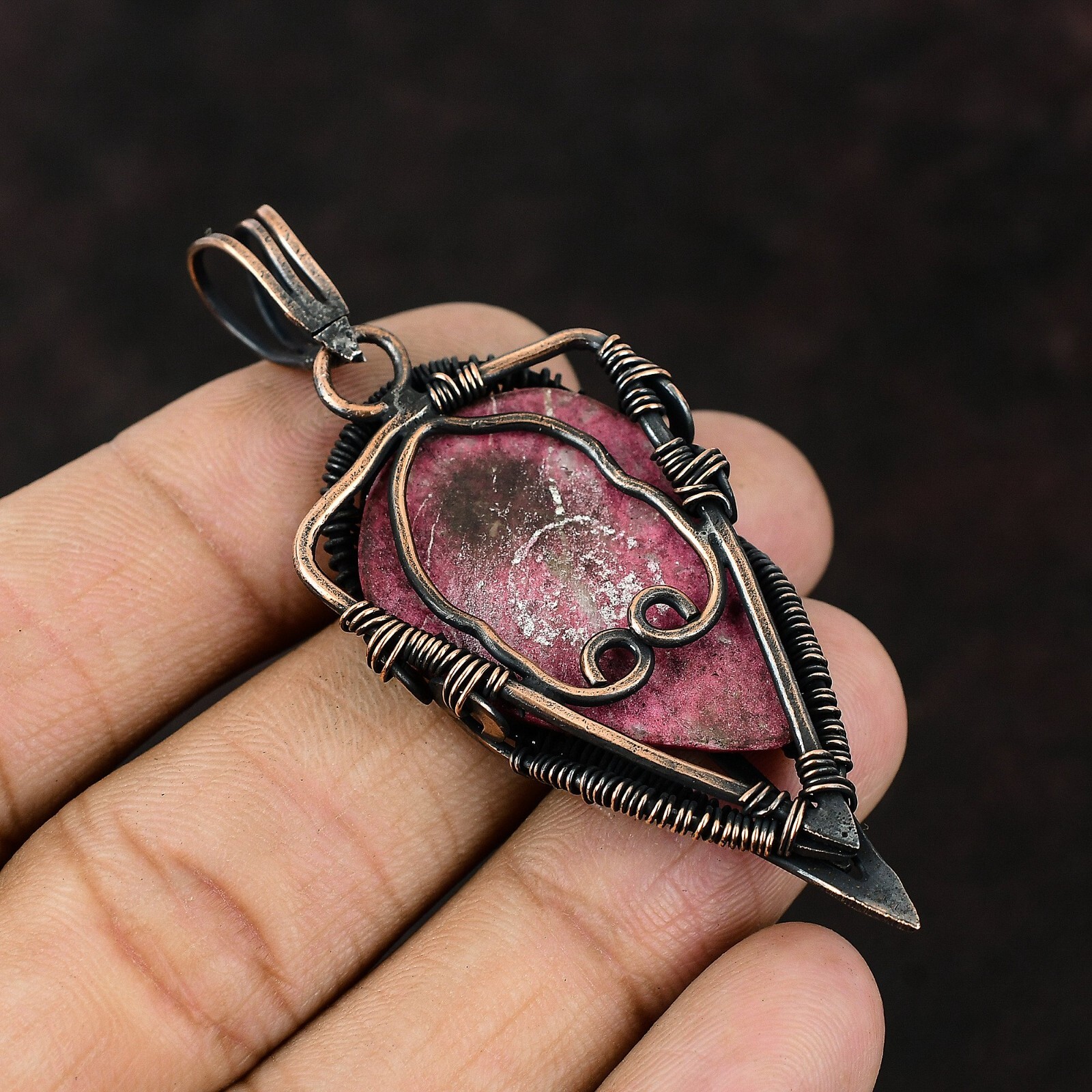 Thulite Gemstone Handmade Jewelry Copper Sister Gift Wire Wrapped Pendant 2.64″