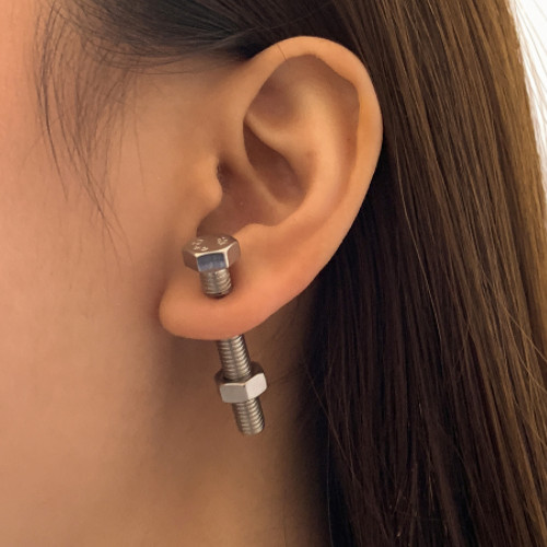 Bolt Stud Earrings, Steampunk, Unique – 1 Piece – Silver