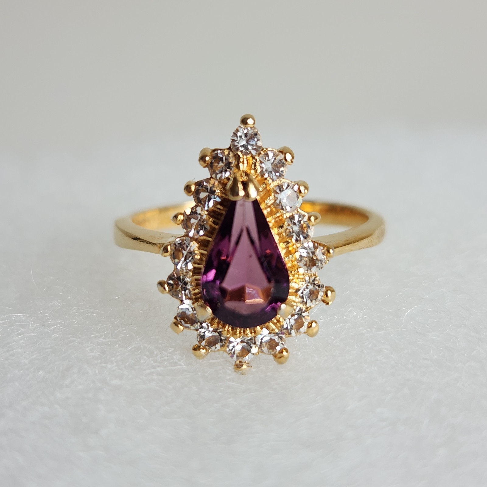 Size 10.5 Gold Tone Teardrop CZ Ring Purple Stone Halo Statement Thailand