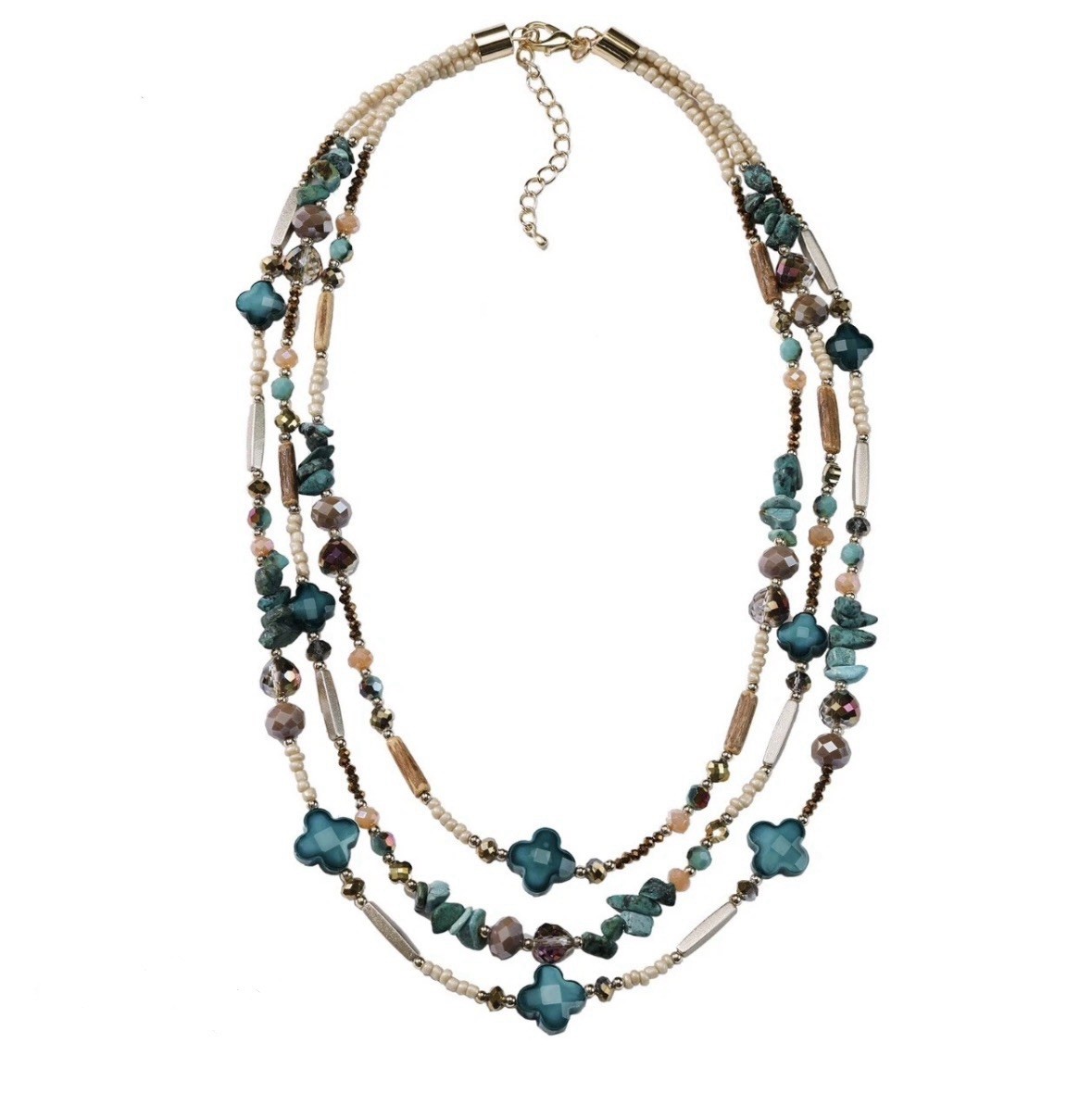 Park Lane LEIA Beaded 3 Strand Necklace Mixed Shapes Turquiose Wood NWOT