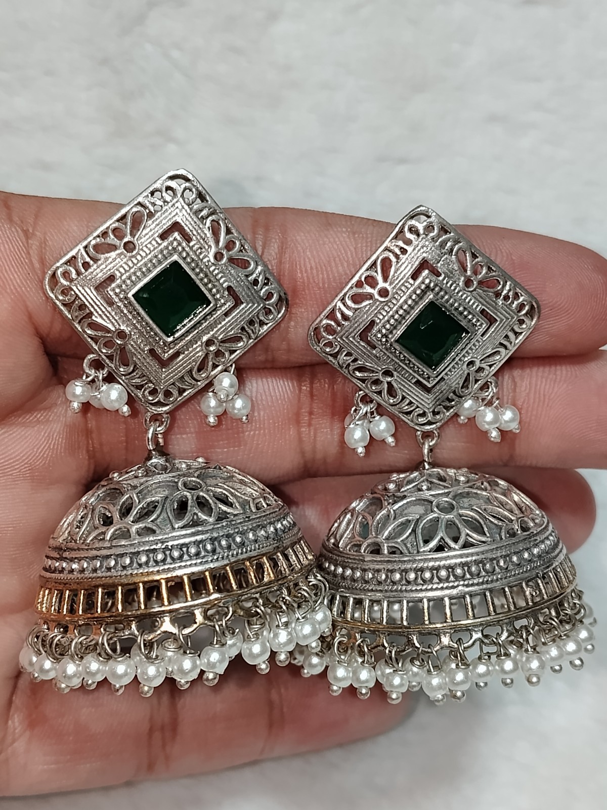 Zakiya Handcrafted Silver Jhumka Earrings with Green Square Stone Roz Jeweller.