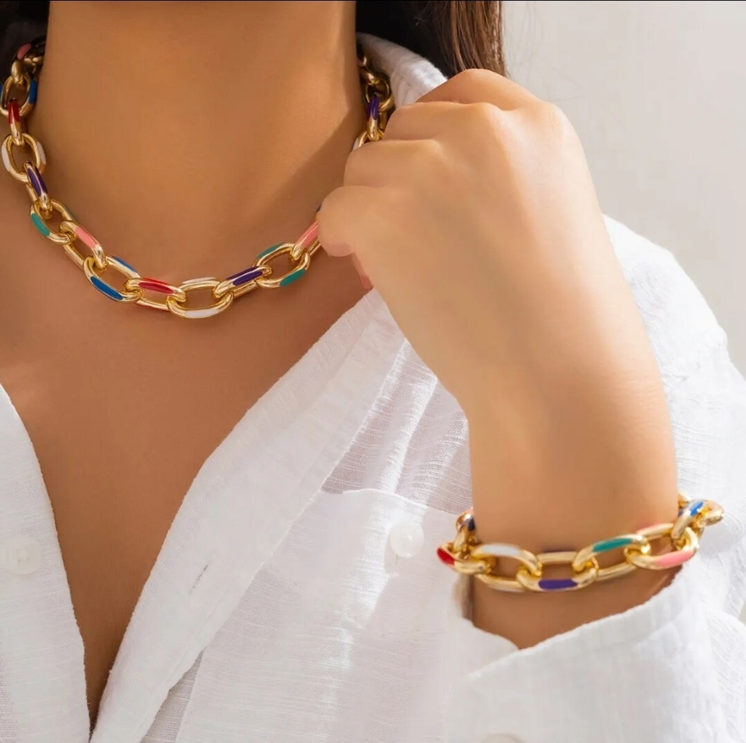 Chunky Statement Jewelry Set Gold Multi Color Necklace & Bracelet 13-8