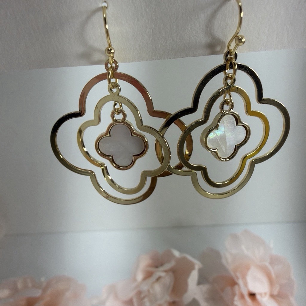 Gold Tone Mother of Pearl Dangle Drop Hook Earrings