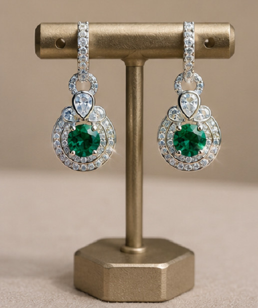 7ct Round Cut Simulated Emerald/Diamond Drop/Hoop Earrings 14k White Gold Plated