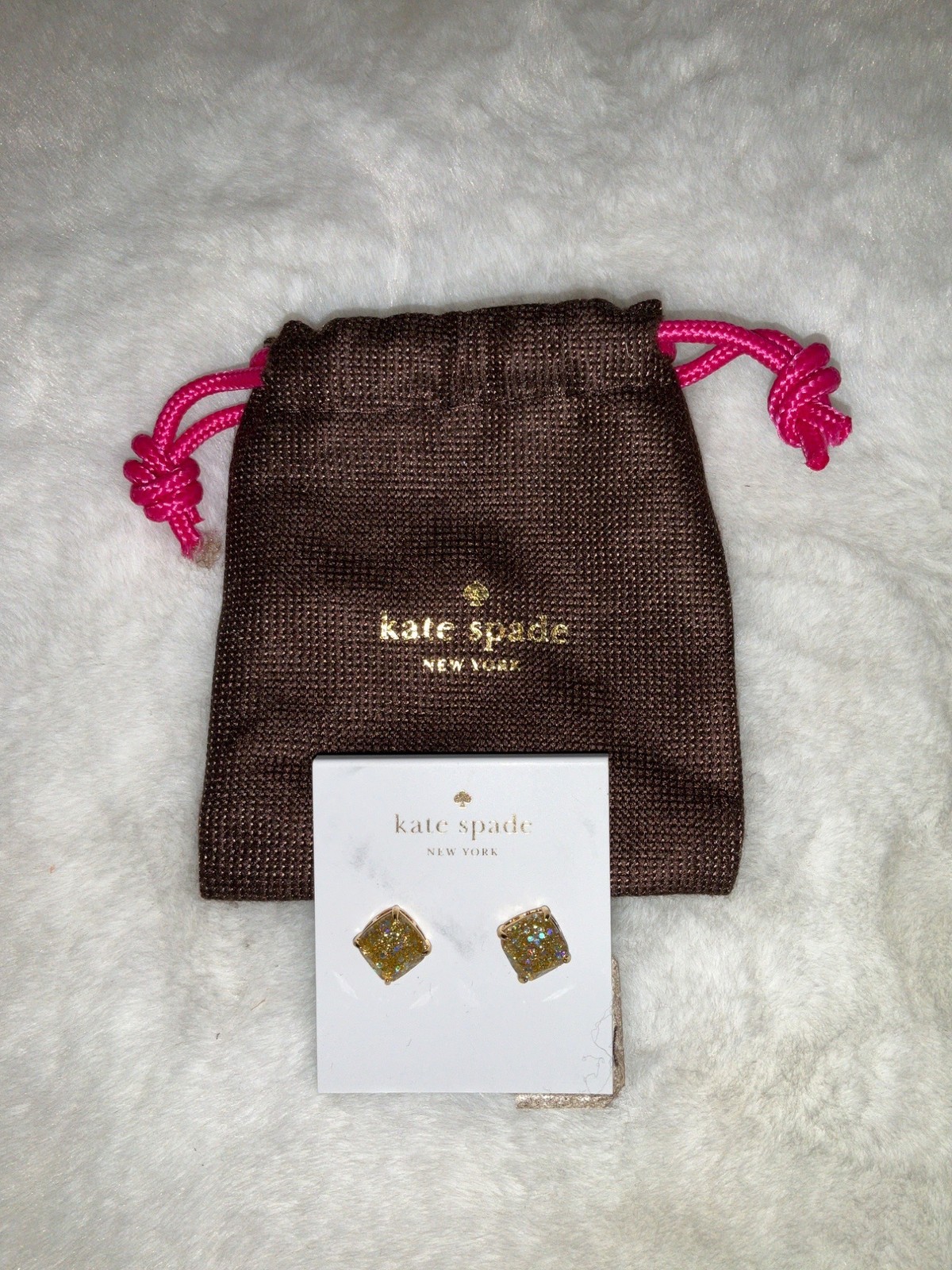 Kate Spade Gold Glitter Square Stud earrings 12k Gold Plater w/ dust bag