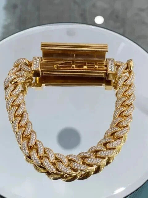 5 CT Round Cut Simulated Diamond Pave Cuban Link Bracelet 14k Yellow Gold Plated